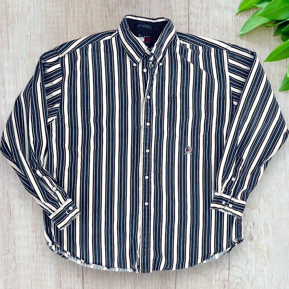 TOMMY HILFIGER Vintage Blue White Vertical Stripe Button Down Shirt Lion Logo XL
